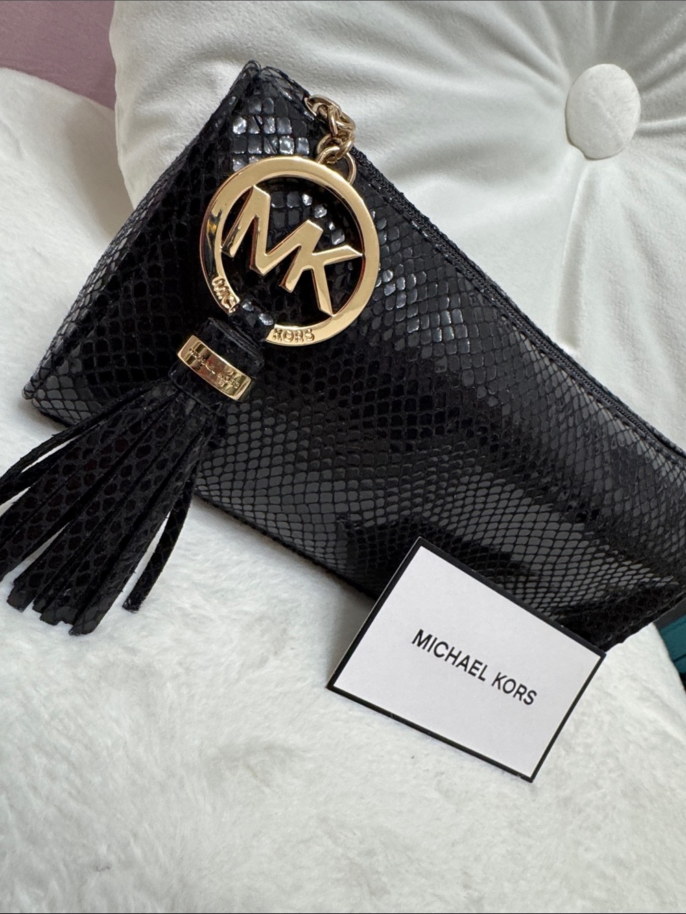 Michael Kors Black Snake-Embossed Leather cosmetic bag  with Gold Logo Charm